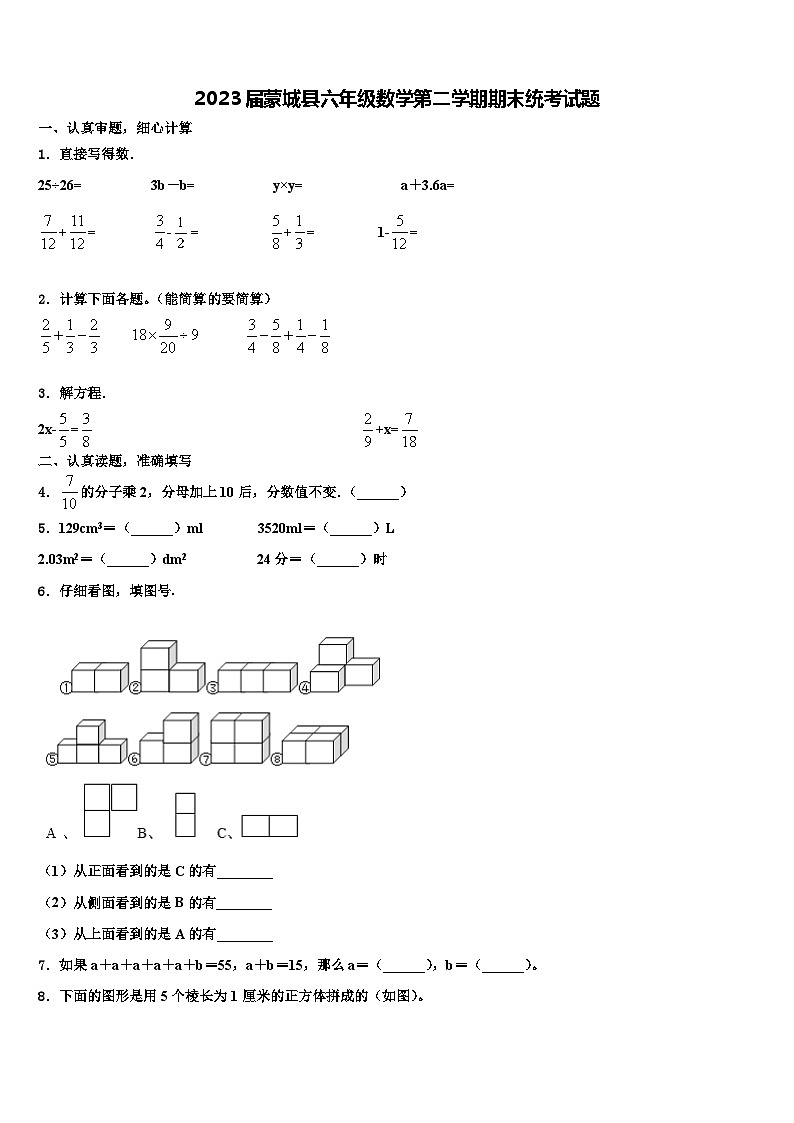 2023届蒙城县六年级数学第二学期期末统考试题含解析01