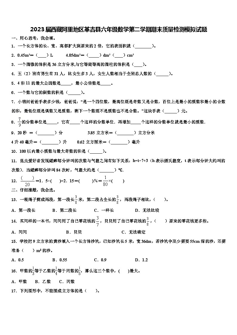 2023届西藏阿里地区革吉县六年级数学第二学期期末质量检测模拟试题含解析第1页