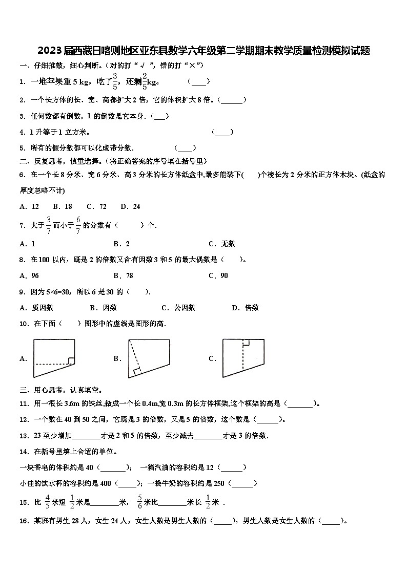 2023届西藏日喀则地区亚东县数学六年级第二学期期末教学质量检测模拟试题含解析01