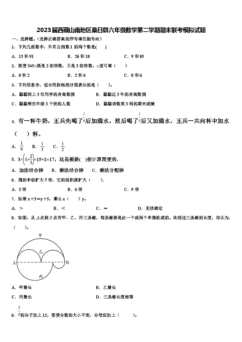 2023届西藏山南地区桑日县六年级数学第二学期期末联考模拟试题含解析第1页
