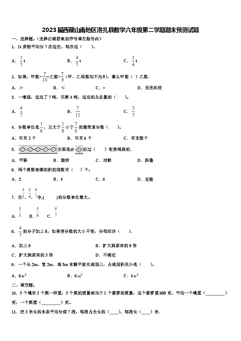 2023届西藏山南地区洛扎县数学六年级第二学期期末预测试题含解析第1页