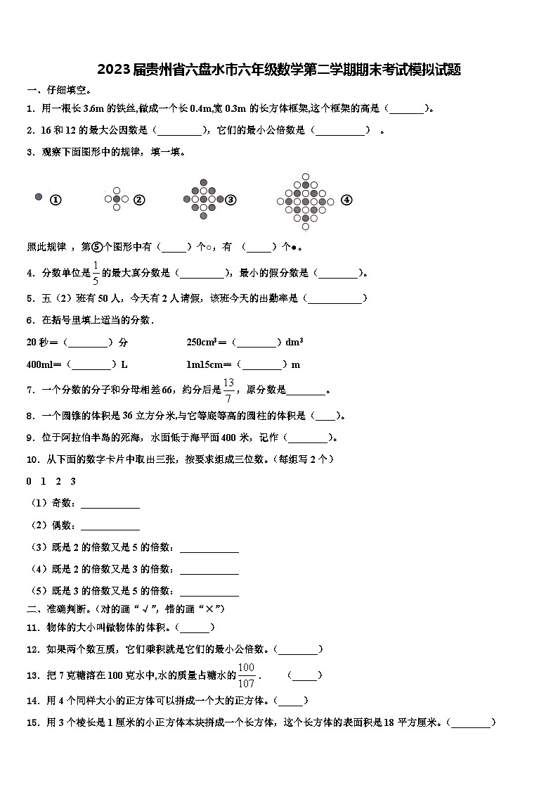 2023届贵州省六盘水市六年级数学第二学期期末考试模拟试题含解析01