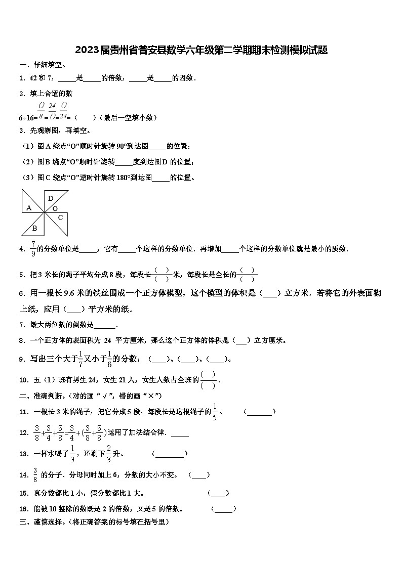 2023届贵州省普安县数学六年级第二学期期末检测模拟试题含解析第1页