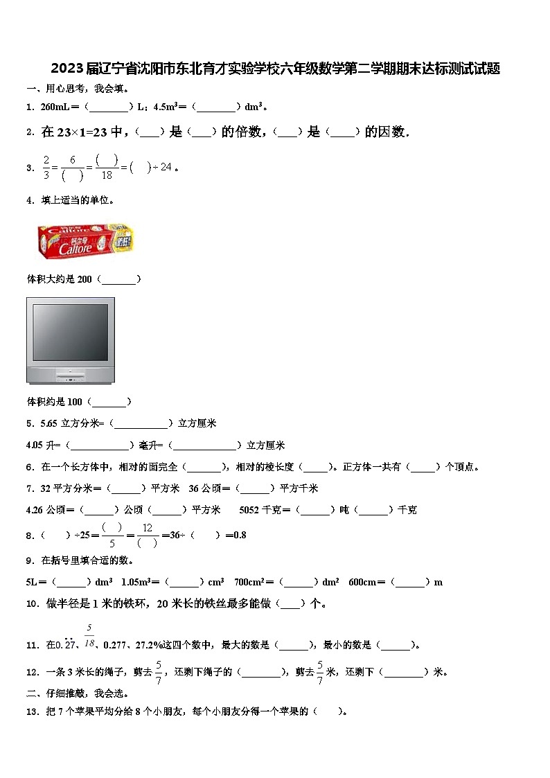 2023届辽宁省沈阳市东北育才实验学校六年级数学第二学期期末达标测试试题含解析第1页