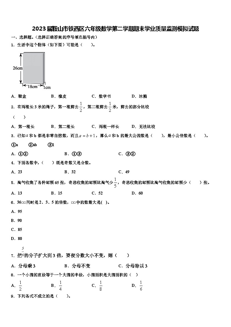 2023届鞍山市铁西区六年级数学第二学期期末学业质量监测模拟试题含解析第1页