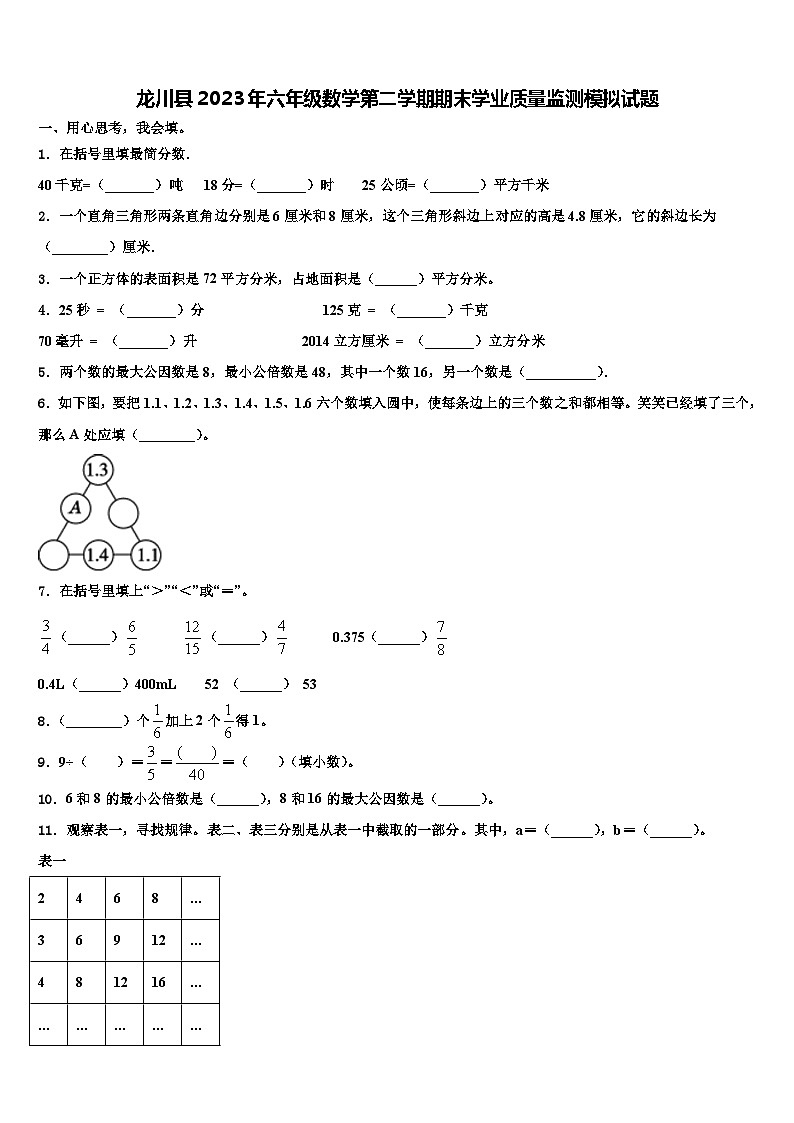 龙川县2023年六年级数学第二学期期末学业质量监测模拟试题含解析第1页