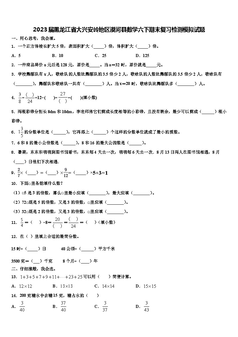 2023届黑龙江省大兴安岭地区漠河县数学六下期末复习检测模拟试题含解析第1页