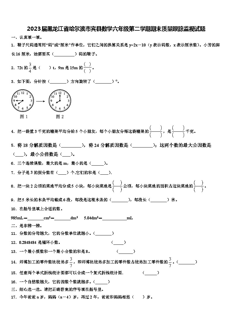 2023届黑龙江省哈尔滨市宾县数学六年级第二学期期末质量跟踪监视试题含解析01