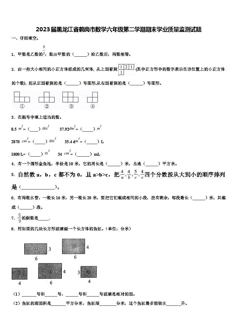 2023届黑龙江省鹤岗市数学六年级第二学期期末学业质量监测试题含解析01