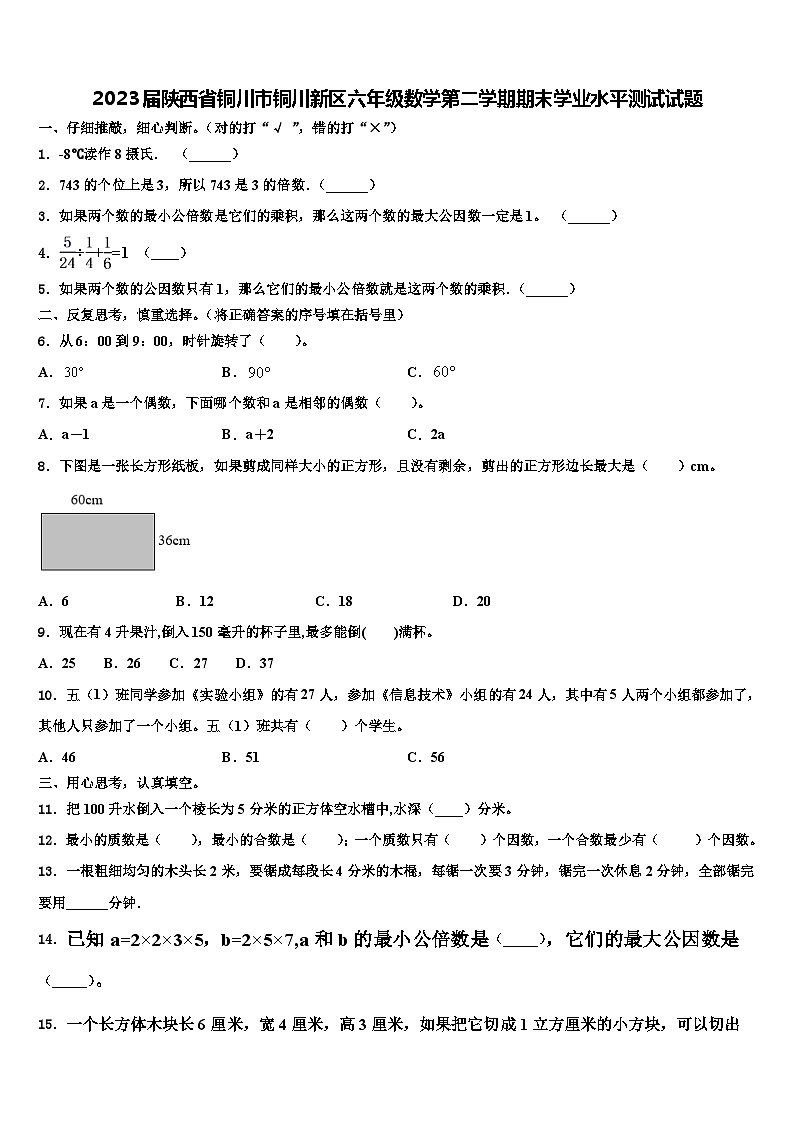 2023届陕西省铜川市铜川新区六年级数学第二学期期末学业水平测试试题含解析01