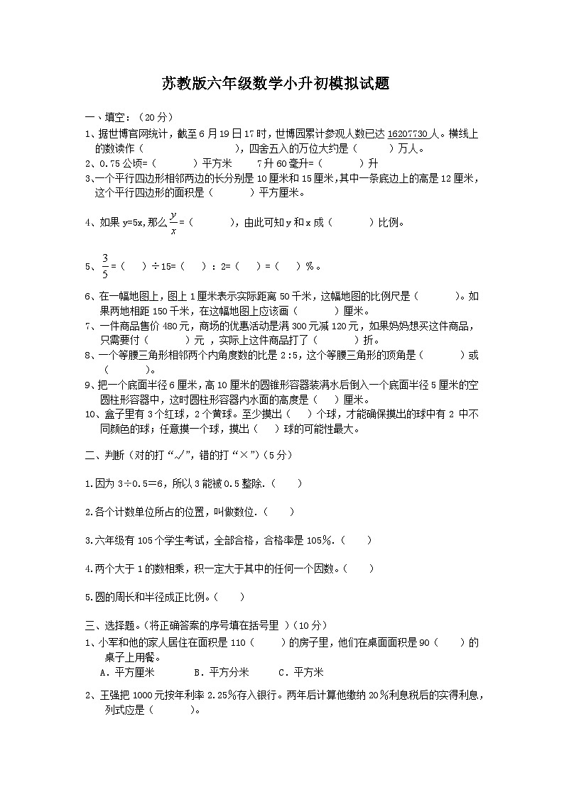 小升初模拟试题（试卷）-六年级下册数学苏教版第1页