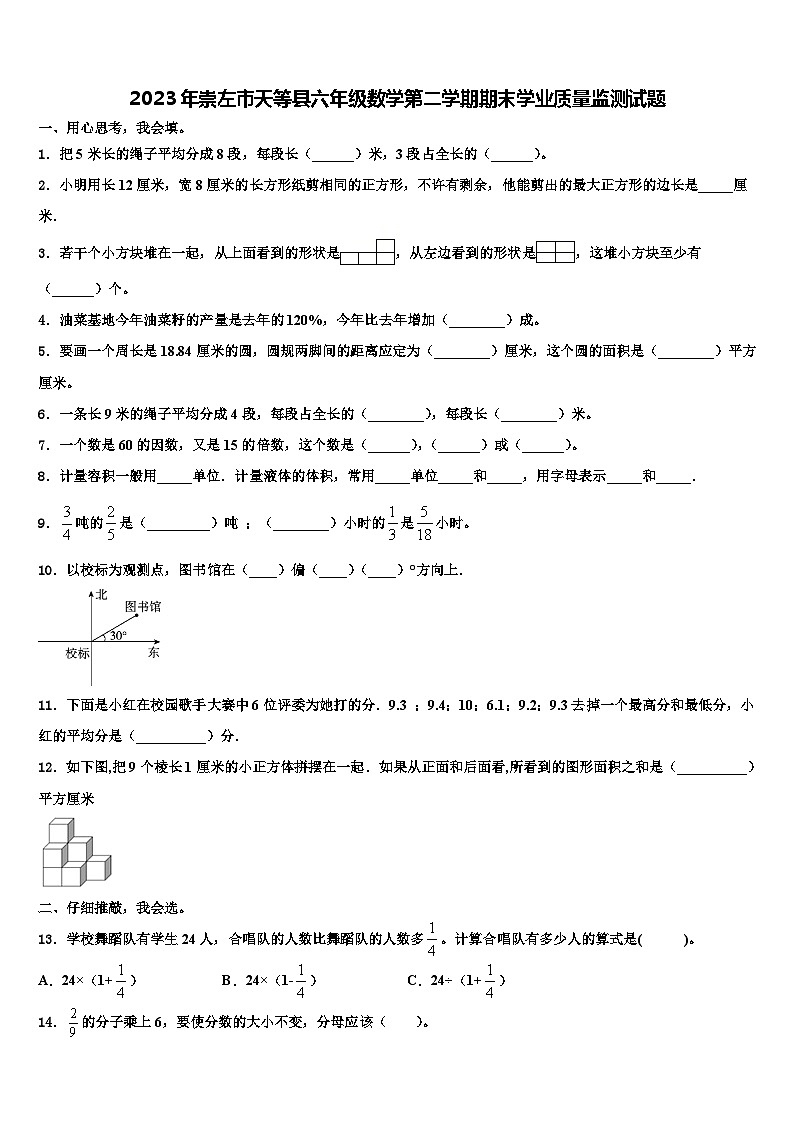 2023年崇左市天等县六年级数学第二学期期末学业质量监测试题含解析第1页