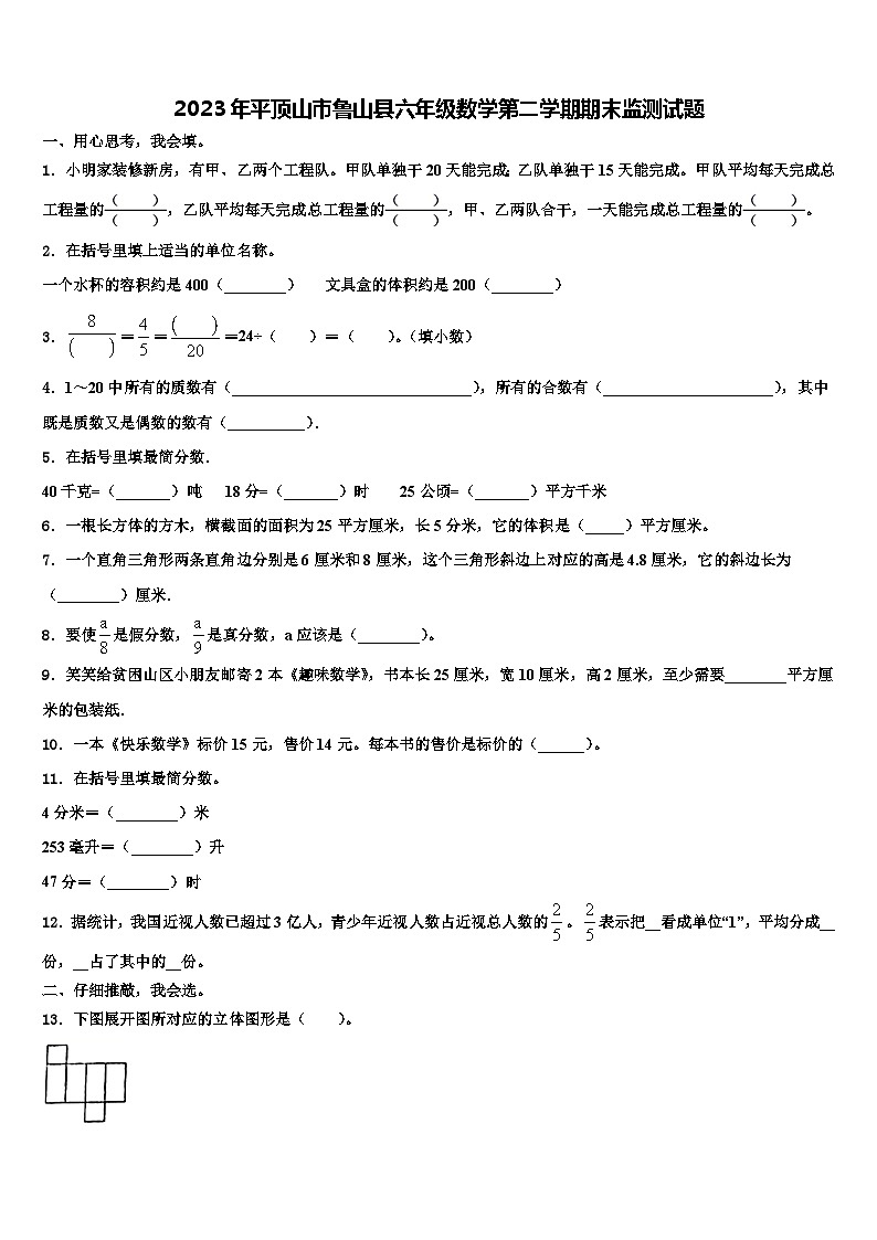 2023年平顶山市鲁山县六年级数学第二学期期末监测试题含解析第1页