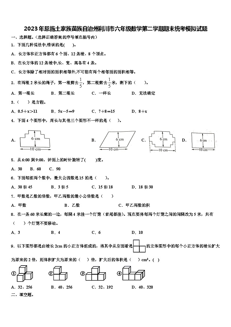 2023年恩施土家族苗族自治州利川市六年级数学第二学期期末统考模拟试题含解析第1页