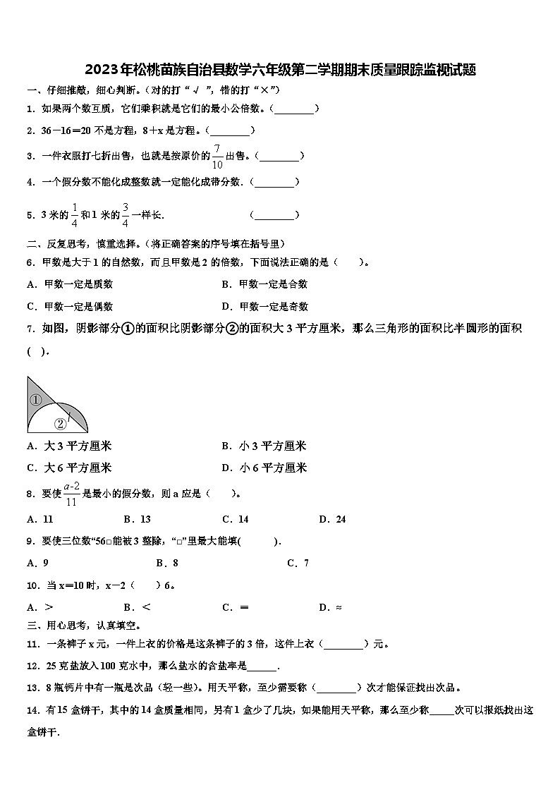 2023年松桃苗族自治县数学六年级第二学期期末质量跟踪监视试题含解析01