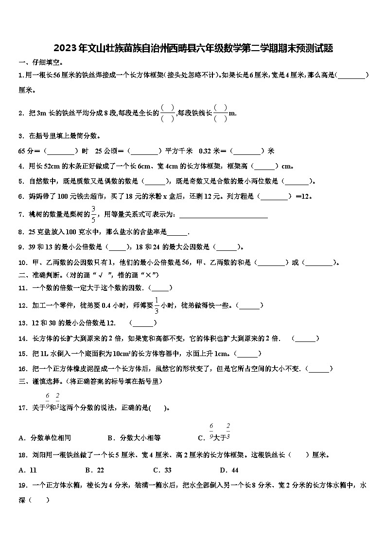 2023年文山壮族苗族自治州西畴县六年级数学第二学期期末预测试题含解析第1页