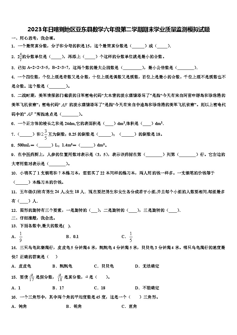 2023年日喀则地区亚东县数学六年级第二学期期末学业质量监测模拟试题含解析第1页