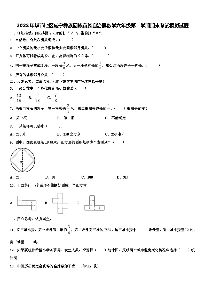 2023年毕节地区威宁彝族回族苗族自治县数学六年级第二学期期末考试模拟试题含解析第1页