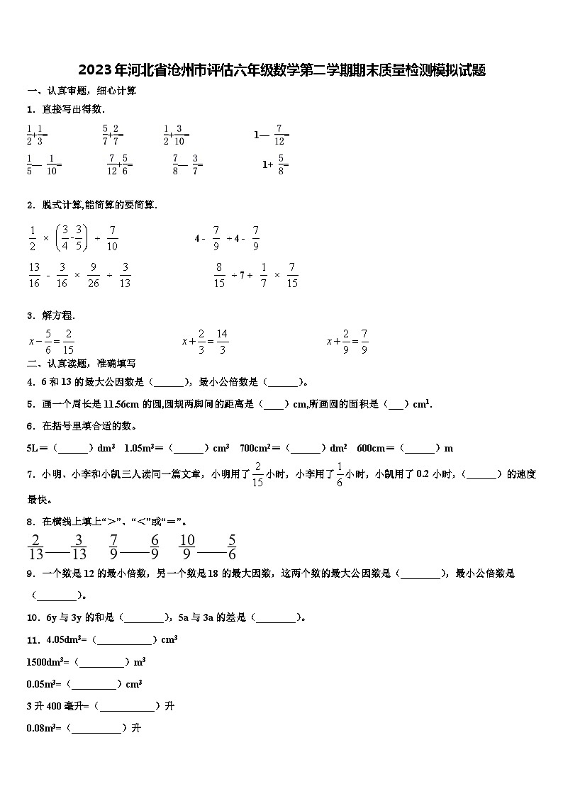 2023年河北省沧州市评估六年级数学第二学期期末质量检测模拟试题含解析01