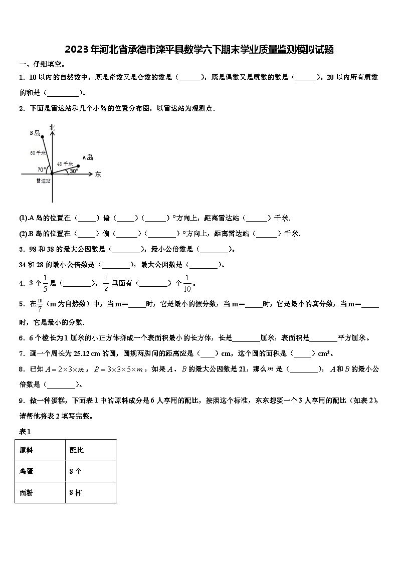 2023年河北省承德市滦平县数学六下期末学业质量监测模拟试题含解析第1页