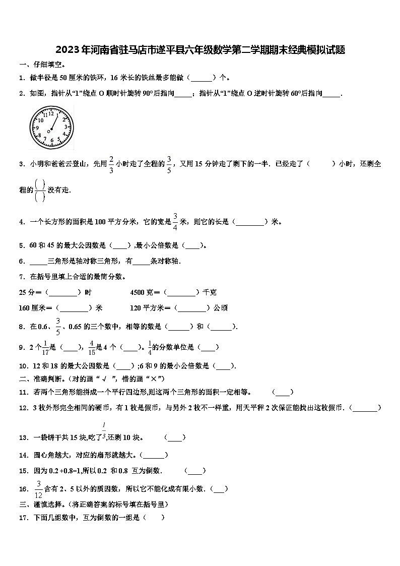 2023年河南省驻马店市遂平县六年级数学第二学期期末经典模拟试题含解析第1页