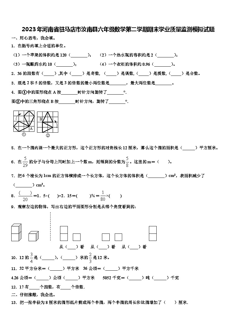 2023年河南省驻马店市汝南县六年级数学第二学期期末学业质量监测模拟试题含解析01
