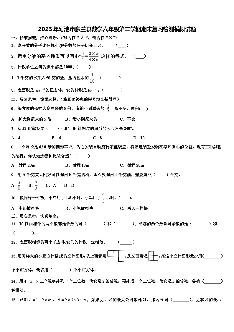 2023年河池市东兰县数学六年级第二学期期末复习检测模拟试题含解析01