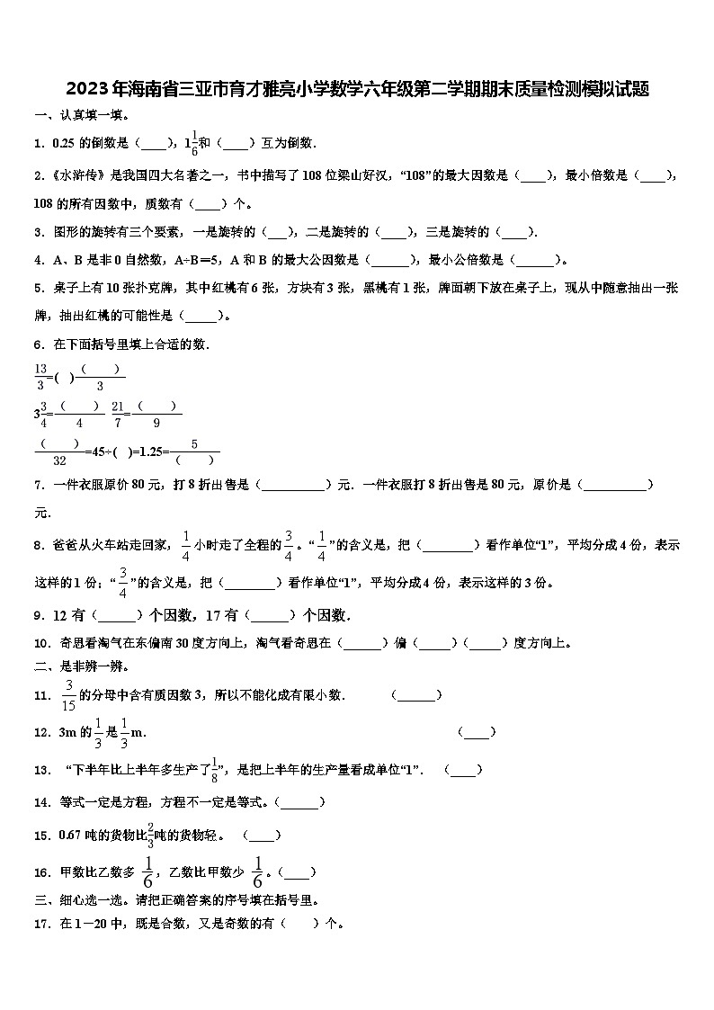 2023年海南省三亚市育才雅亮小学数学六年级第二学期期末质量检测模拟试题含解析第1页