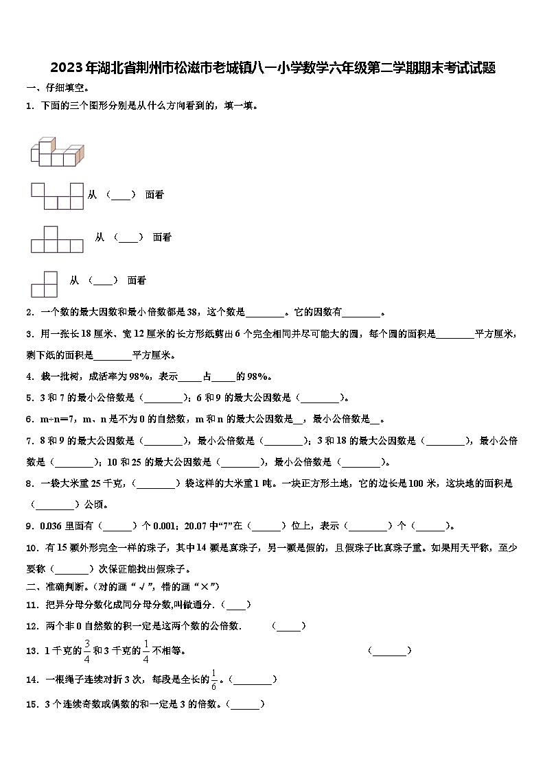 2023年湖北省荆州市松滋市老城镇八一小学数学六年级第二学期期末考试试题含解析第1页