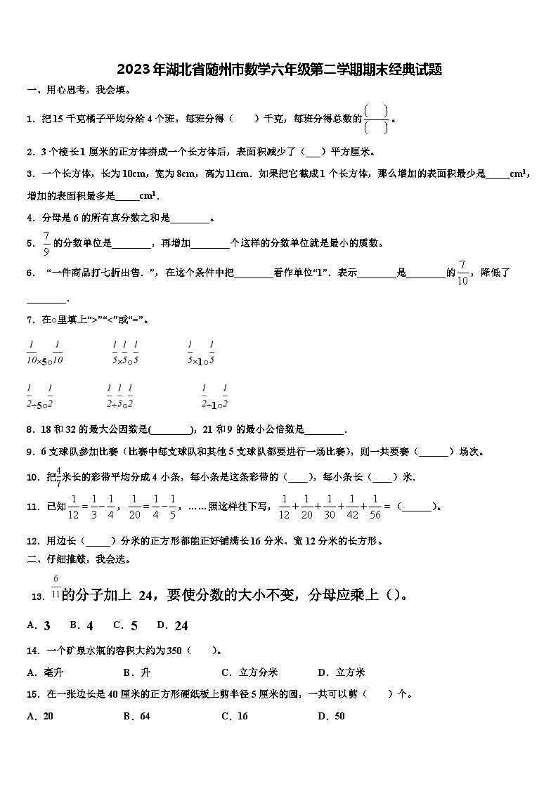2023年湖北省随州市数学六年级第二学期期末经典试题含解析第1页
