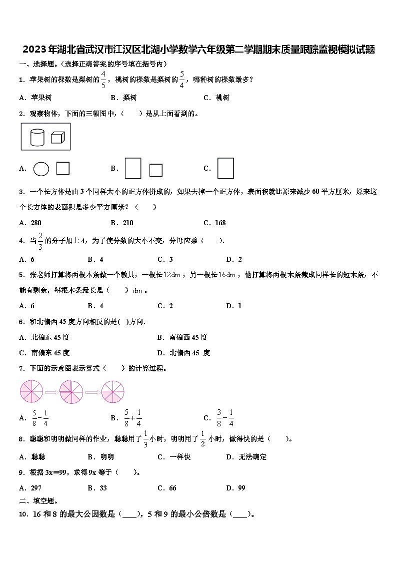 2023年湖北省武汉市江汉区北湖小学数学六年级第二学期期末质量跟踪监视模拟试题含解析第1页