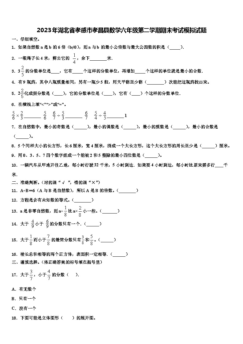 2023年湖北省孝感市孝昌县数学六年级第二学期期末考试模拟试题含解析01