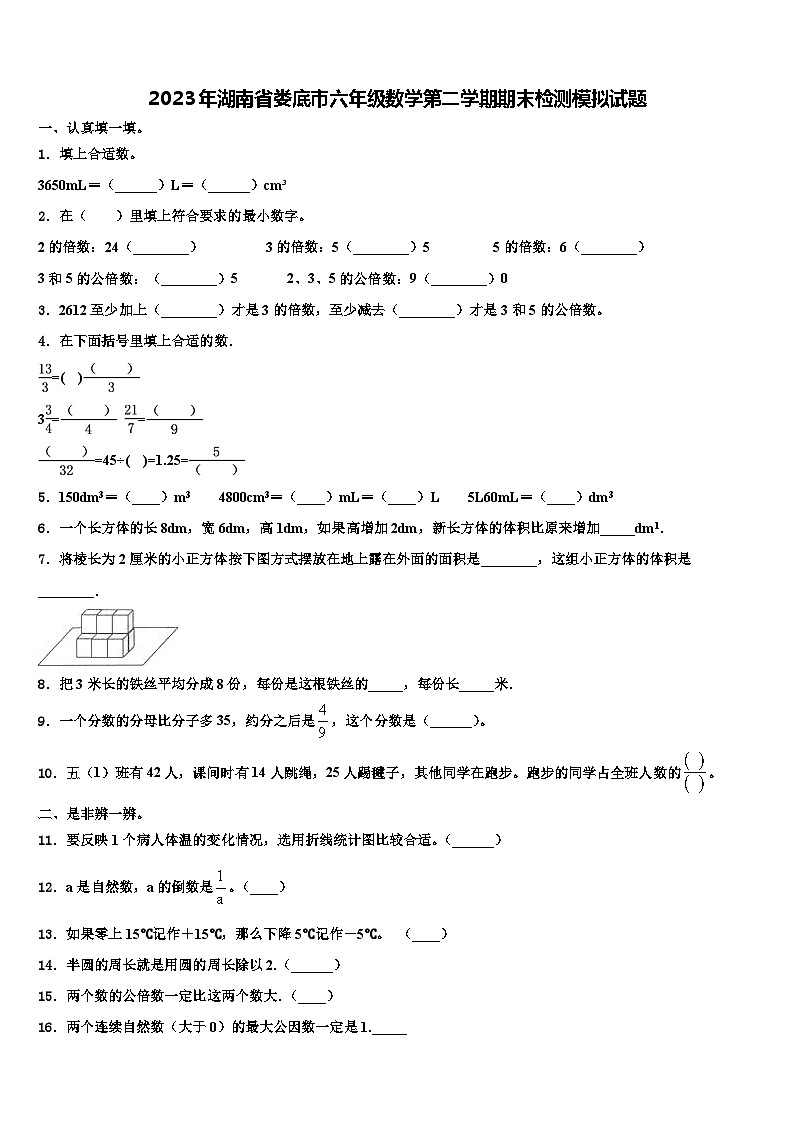 2023年湖南省娄底市六年级数学第二学期期末检测模拟试题含解析第1页