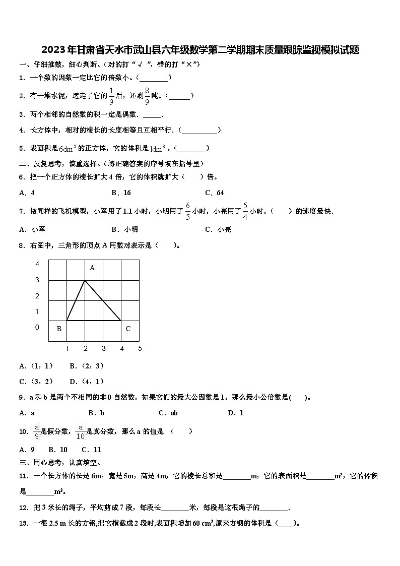 2023年甘肃省天水市武山县六年级数学第二学期期末质量跟踪监视模拟试题含解析第1页