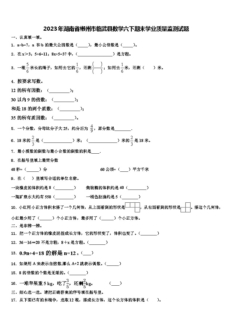 2023年湖南省郴州市临武县数学六下期末学业质量监测试题含解析01
