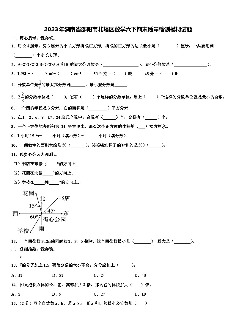 2023年湖南省邵阳市北塔区数学六下期末质量检测模拟试题含解析第1页
