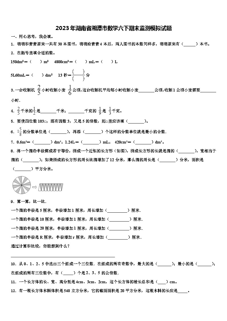 2023年湖南省湘潭市数学六下期末监测模拟试题含解析第1页