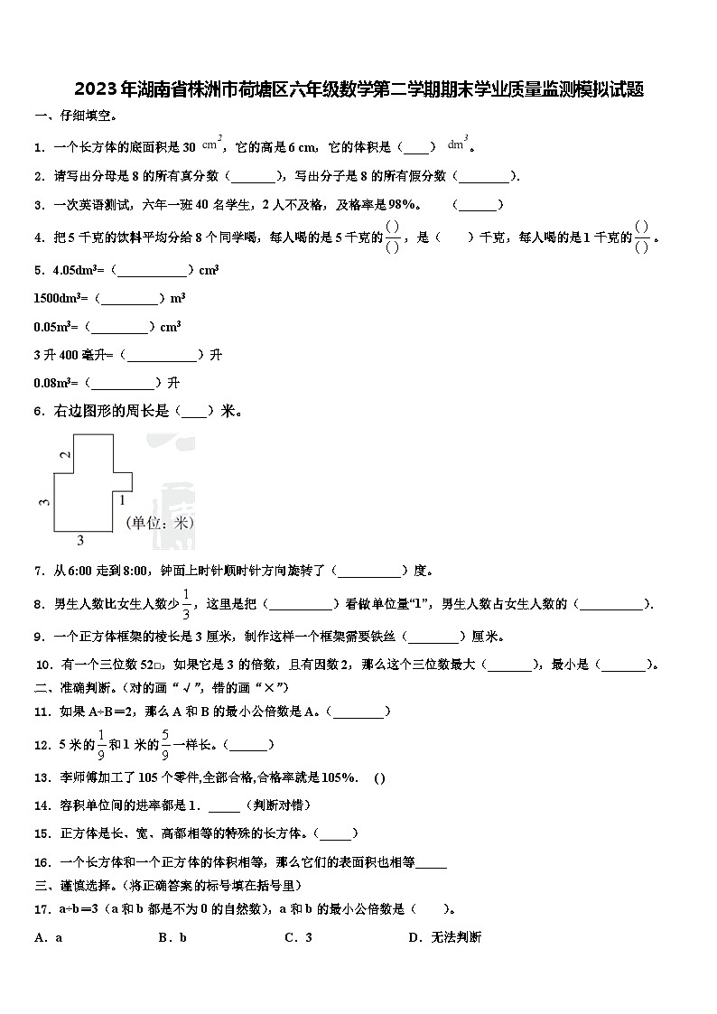 2023年湖南省株洲市荷塘区六年级数学第二学期期末学业质量监测模拟试题含解析01