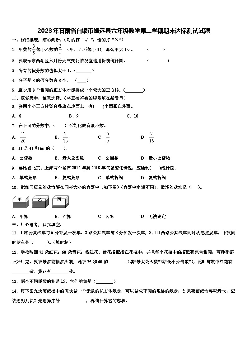 2023年甘肃省白银市靖远县六年级数学第二学期期末达标测试试题含解析01