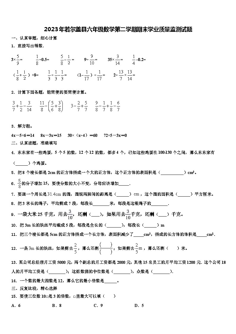 2023年若尔盖县六年级数学第二学期期末学业质量监测试题含解析第1页