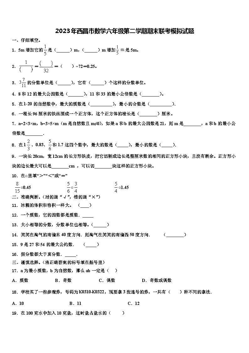 2023年西昌市数学六年级第二学期期末联考模拟试题含解析第1页