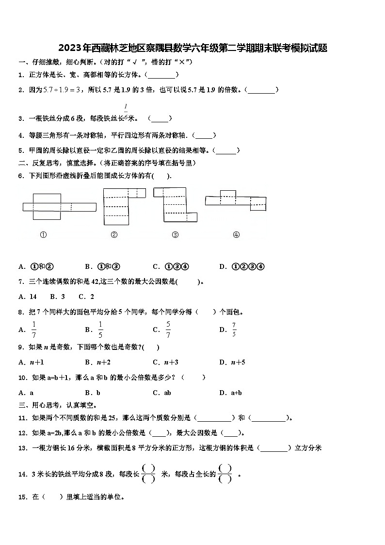 2023年西藏林芝地区察隅县数学六年级第二学期期末联考模拟试题含解析第1页