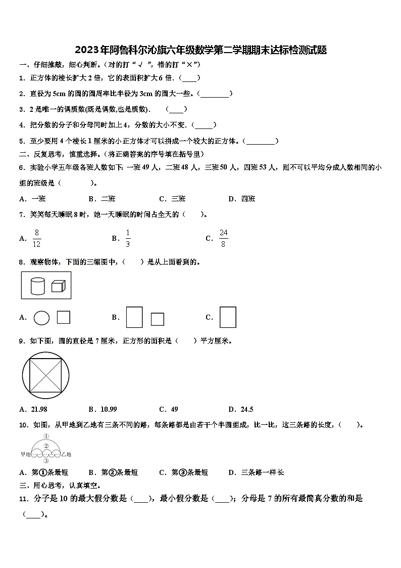2023年阿鲁科尔沁旗六年级数学第二学期期末达标检测试题含解析01
