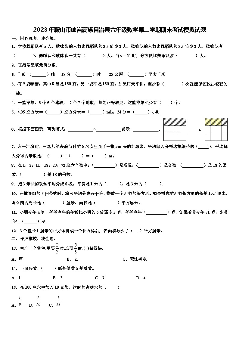 2023年鞍山市岫岩满族自治县六年级数学第二学期期末考试模拟试题含解析第1页