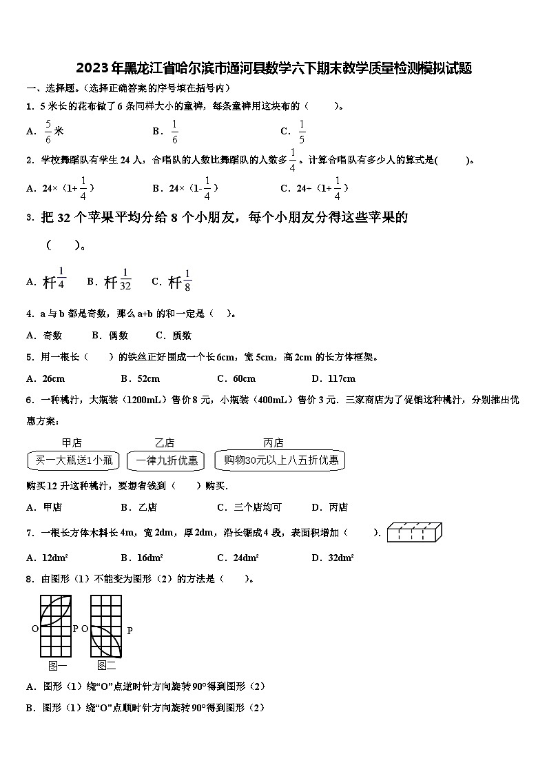 2023年黑龙江省哈尔滨市通河县数学六下期末教学质量检测模拟试题含解析第1页