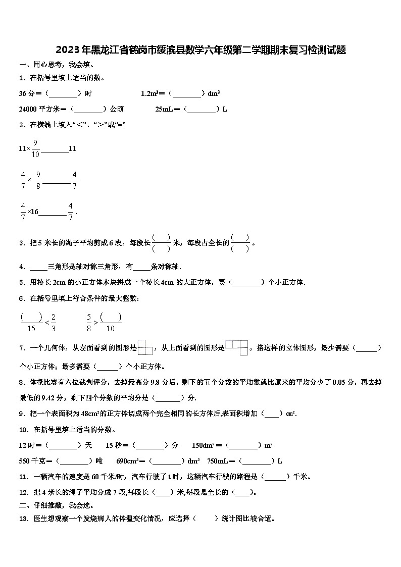 2023年黑龙江省鹤岗市绥滨县数学六年级第二学期期末复习检测试题含解析第1页