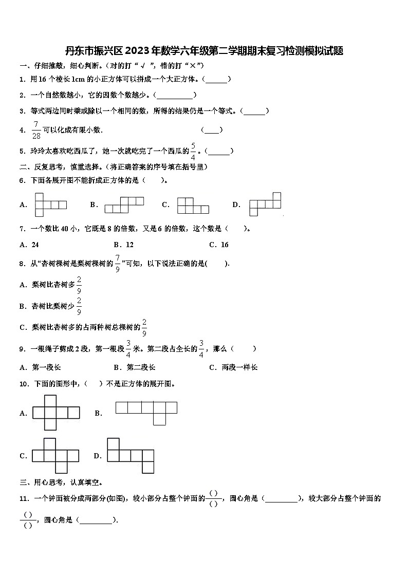 丹东市振兴区2023年数学六年级第二学期期末复习检测模拟试题含解析01