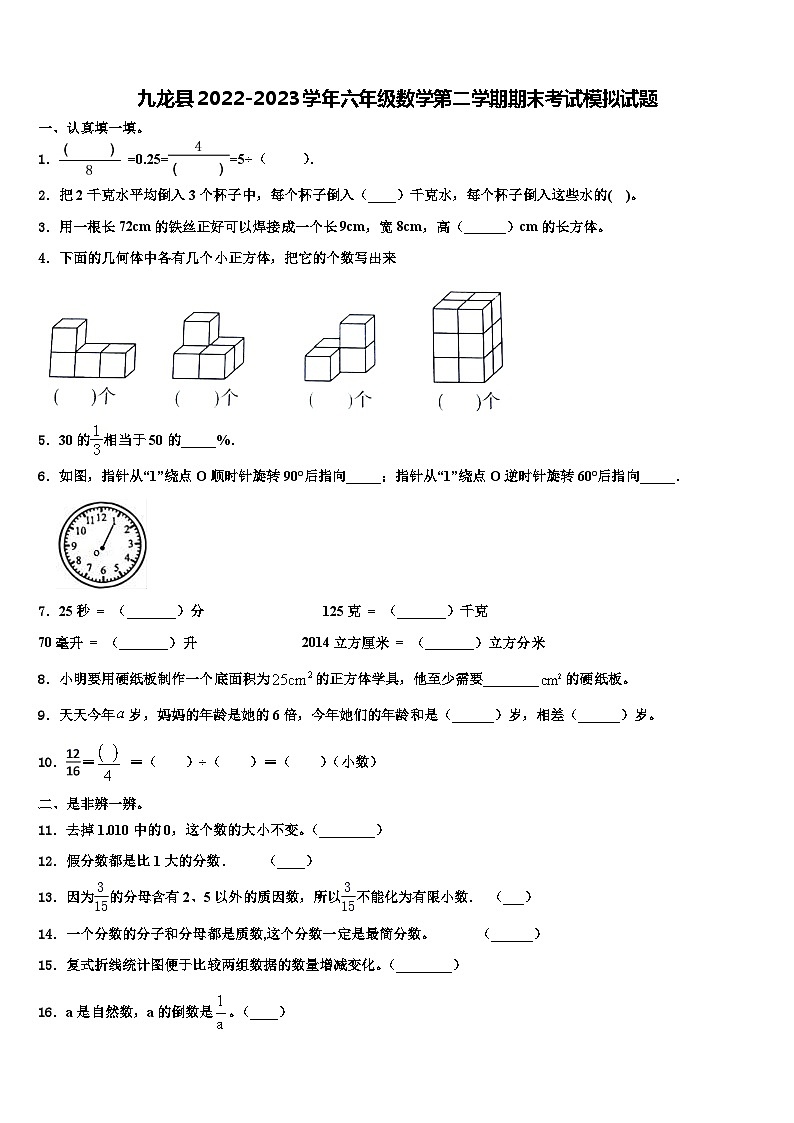 九龙县2022-2023学年六年级数学第二学期期末考试模拟试题含解析第1页