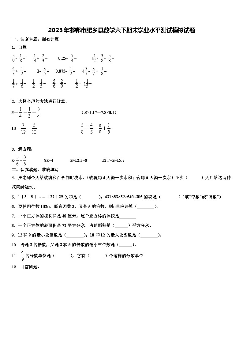 2023年邯郸市肥乡县数学六下期末学业水平测试模拟试题含解析第1页