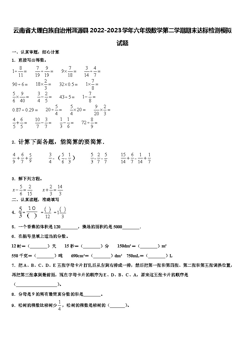 云南省大理白族自治州洱源县2022-2023学年六年级数学第二学期期末达标检测模拟试题含解析第1页